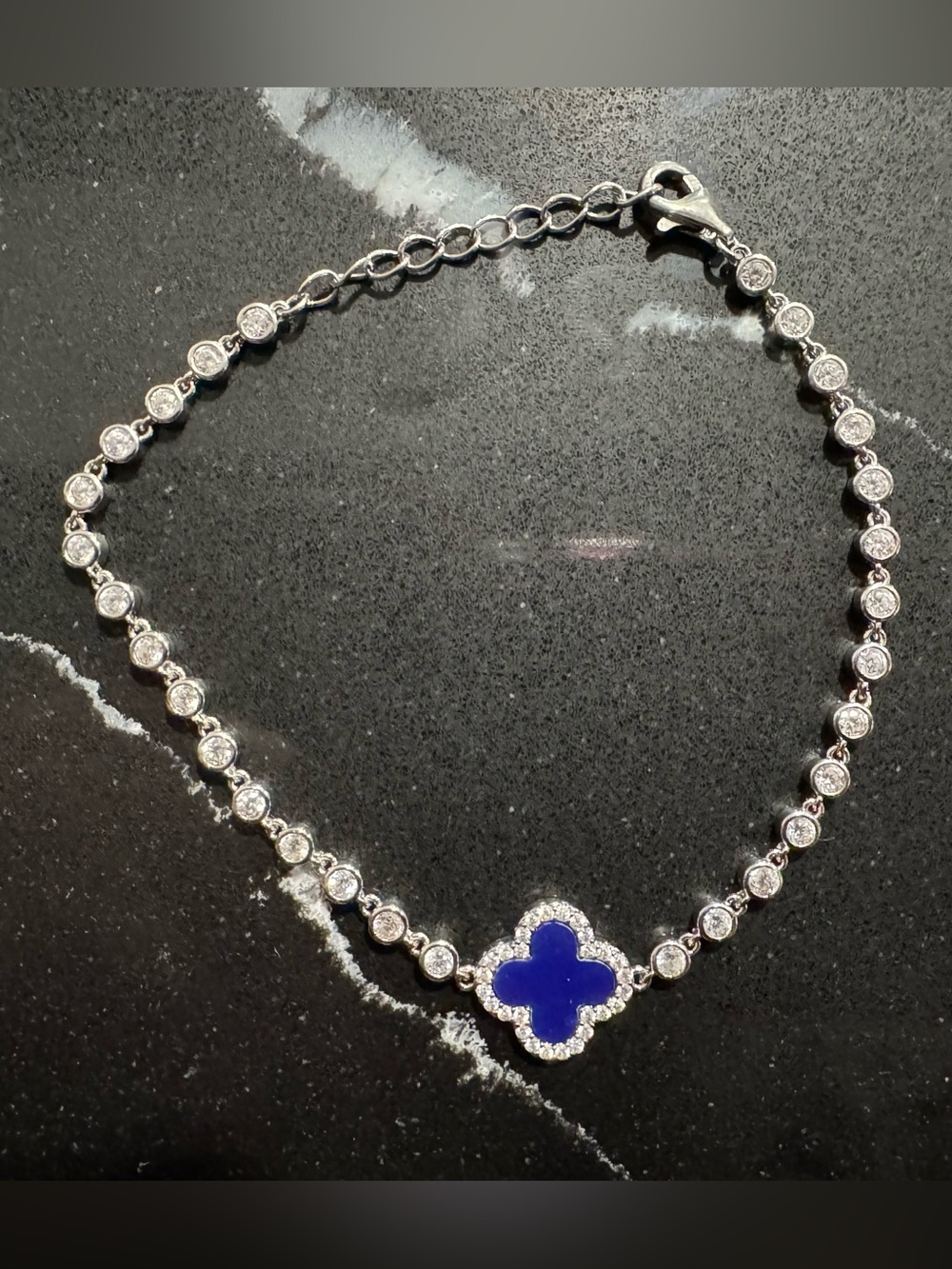 Silver Tennis Bracelet with Blue Clover Accent - Women Jewelry